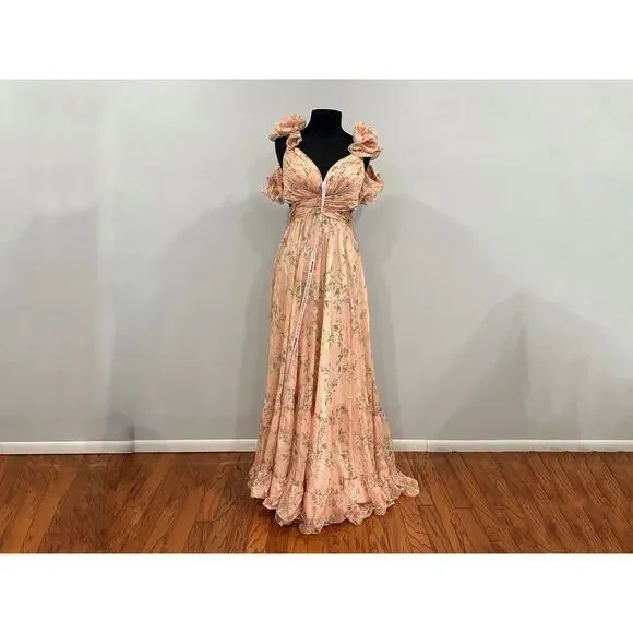 Mac Duggal 67803 Pink Ruffle Tiered Floral Cut-Out Chiffon Gown Dress Sz 4 NWOT - Picture 2 of 6